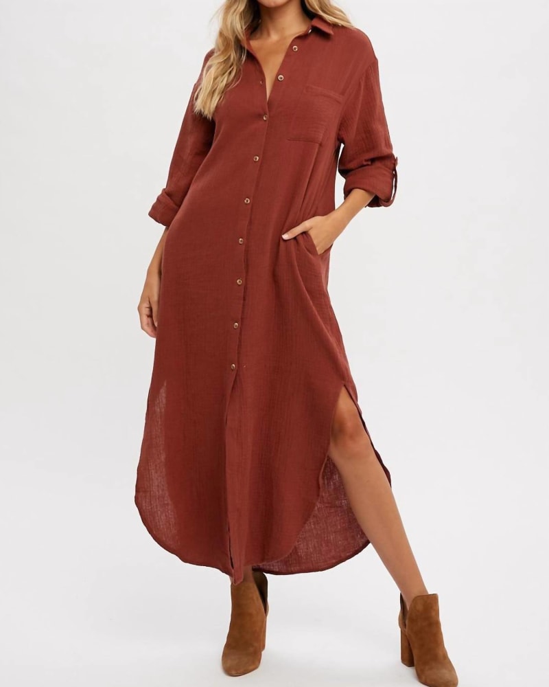 Front of a model wearing a size L Maxi Gauze Shirt Dress In Brick in Brick by Style USA. | dia_product_style_image_id:342424